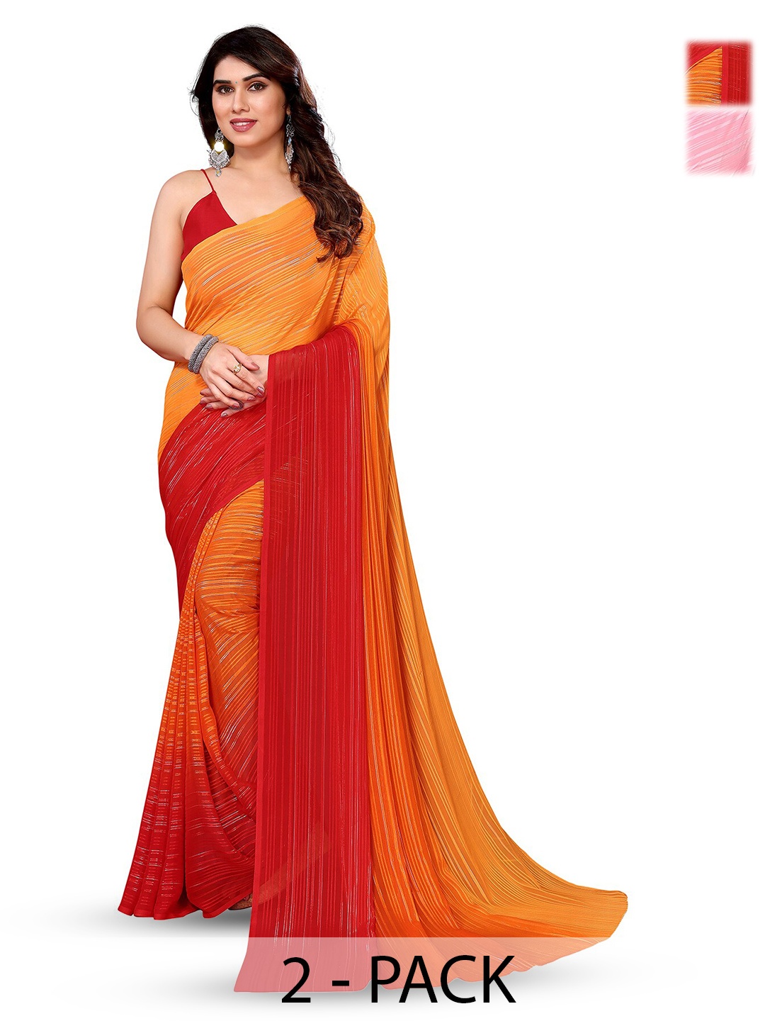 

ANAND SAREES Selection Of 2 Striped Satin Sarees, Orange