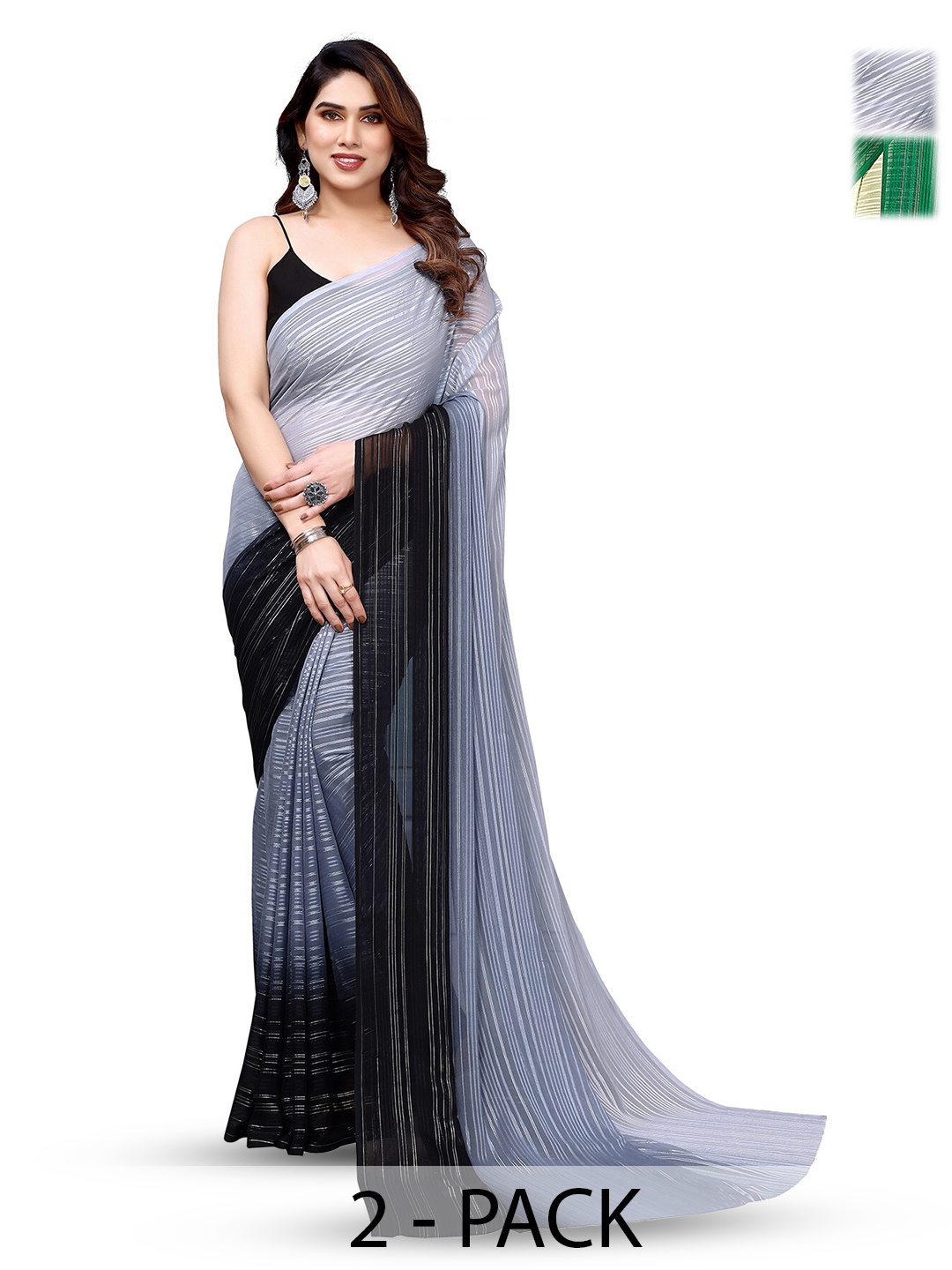 

ANAND SAREES Selection Of 2 Striped Sarees, Grey