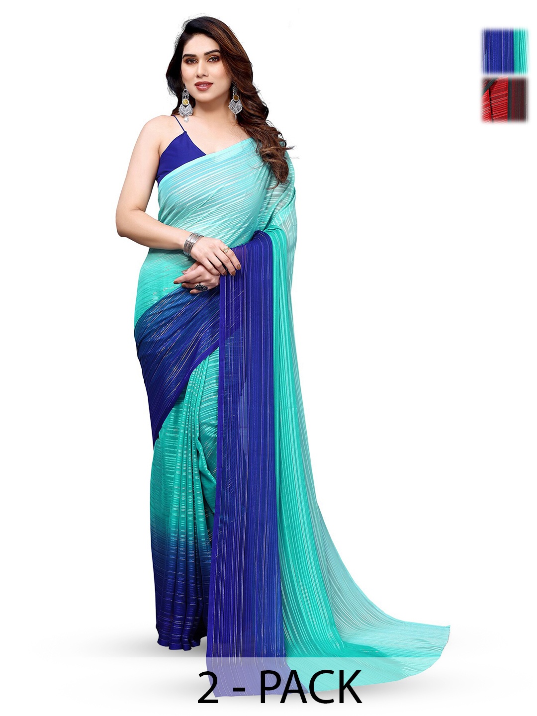 

ANAND SAREES Selection Of 2 Striped Satin Sarees, Red