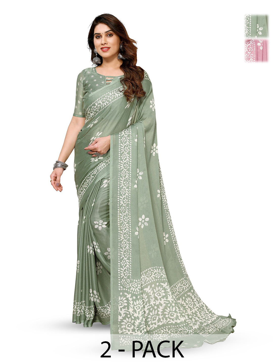 

ANAND SAREES Selection Of 2 Floral Printed Sarees, Pink