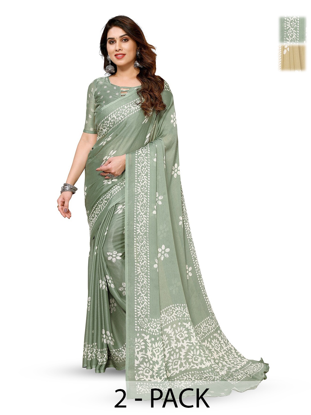 

ANAND SAREES Selection Of 2 Floral Printed Sarees, Green