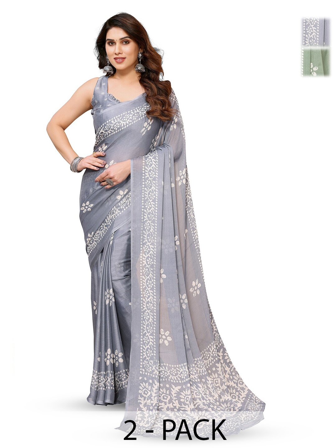 

ANAND SAREES Selection Of 2 Floral Printed Saree, Green