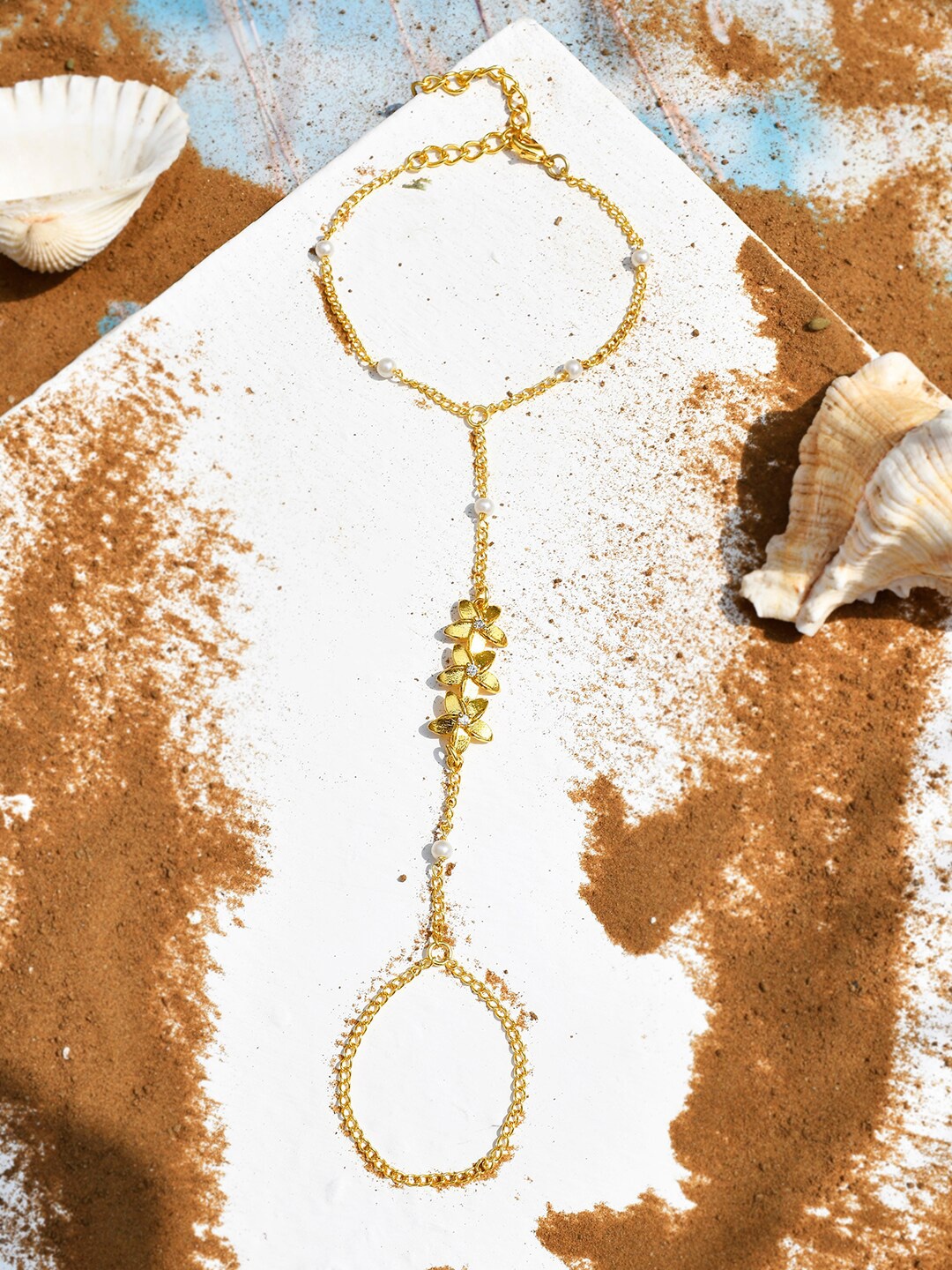 

Voylla Gold-Plated Hawaii Plumeria Hand Harness Beaded Detail Ring Bracelet