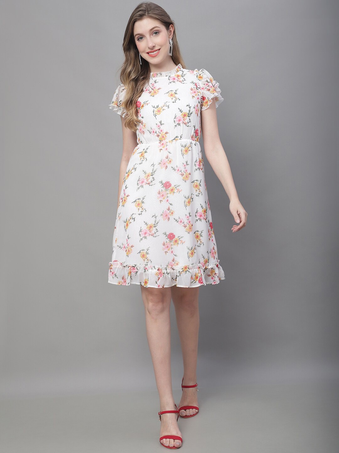 

MINI & MING Floral Printed High Neck Georgette A-Line Dress, Off white