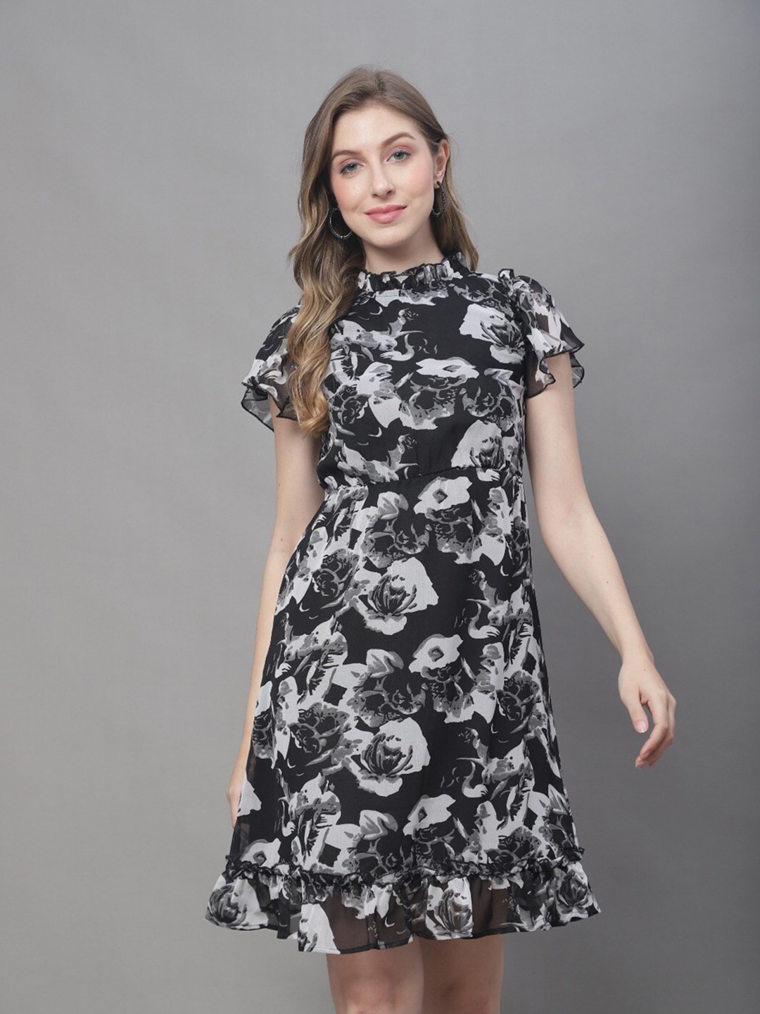 MINI & MING Floral Printed High Neck Georgette A-Line Dress, Black
