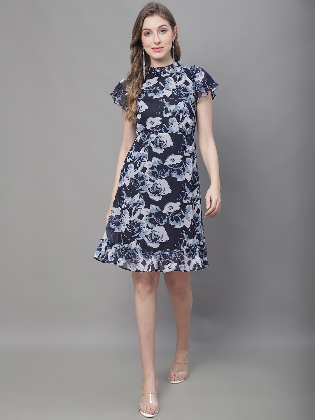 MINI & MING Floral Printed High Neck Georgette A-Line Dress, Navy blue