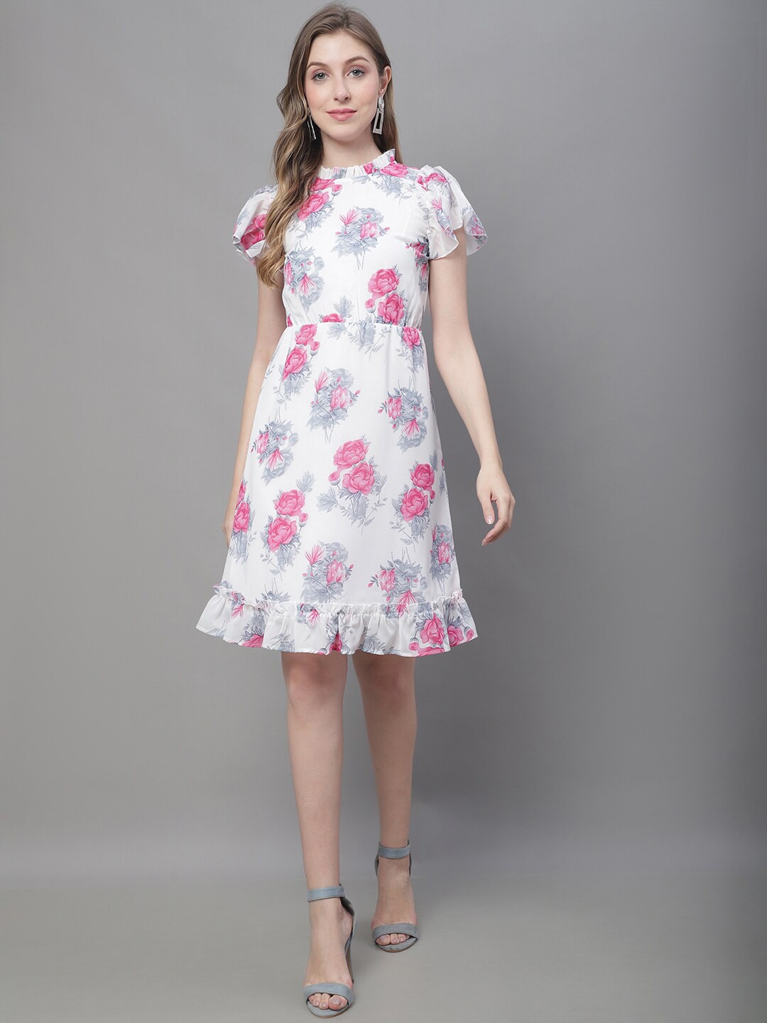 

MINI & MING Floral Printed High Neck Georgette A-Line Dress, White