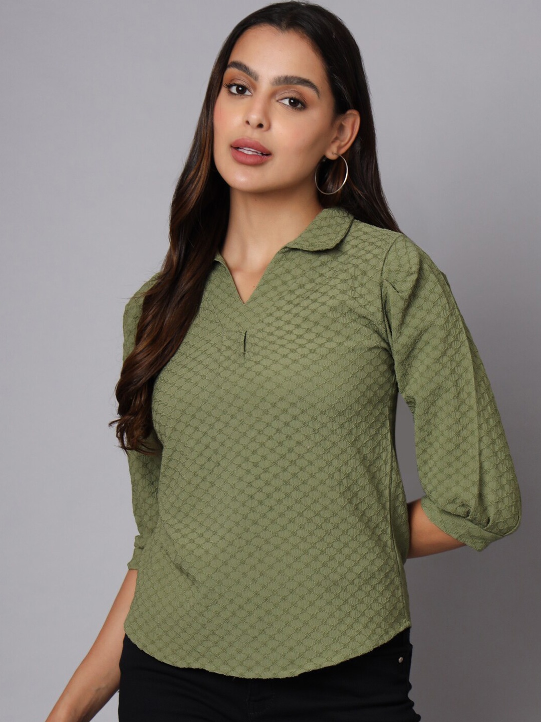 

VINISHAA KLOTHING Self Design Shirt Collar Puff Sleeve Cotton Top, Olive