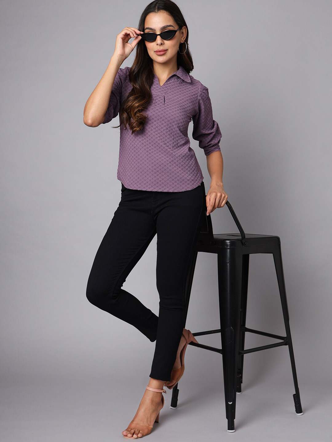 

VINISHAA KLOTHING Self Design Shirt Collar Puff Sleeve Cotton Top, Purple