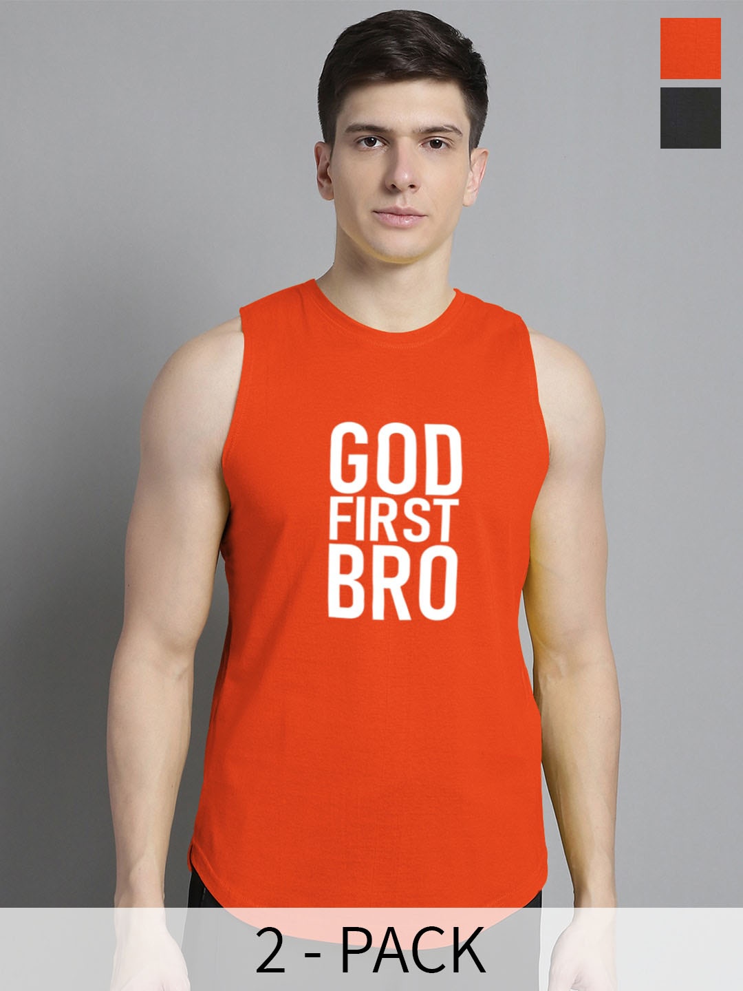 

FBAR Pack Of 2 Printed Cotton Skin-Friendly Gym Vests, Orange
