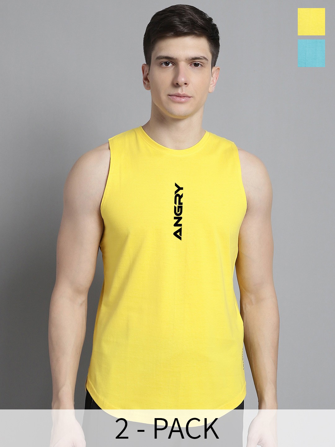 

FBAR Pack Of 2 Printed Pure Cotton Gym Vests, Turquoise blue