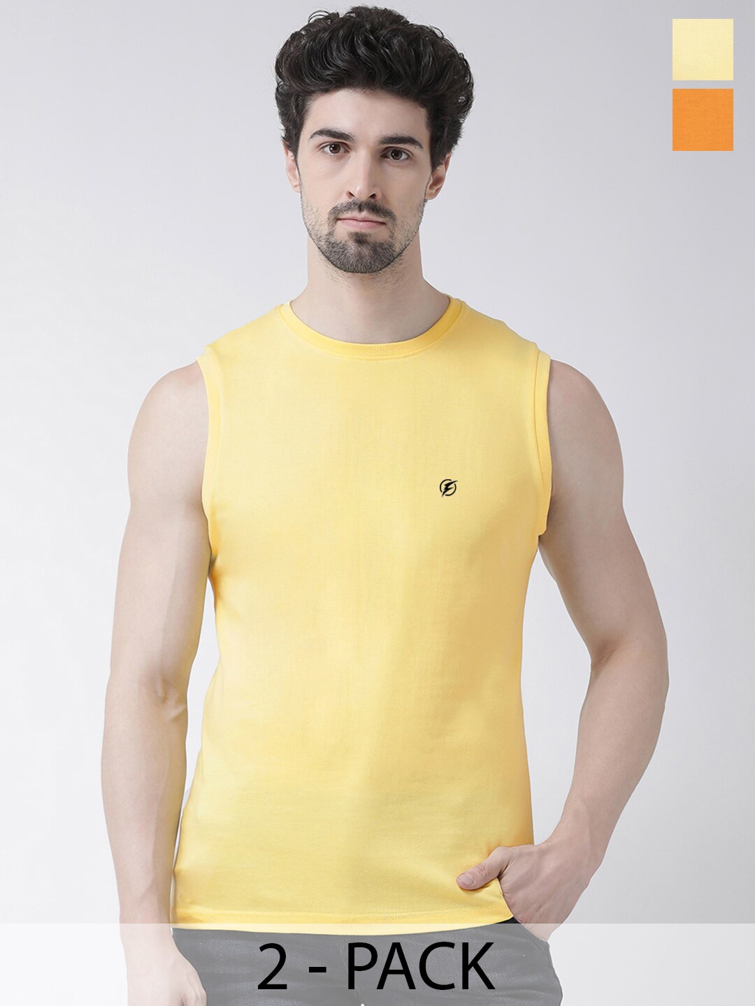 

Friskers Pack Of 2 Round Neck Sleeveless Pure Cotton Slim Fit T-shirt, Yellow