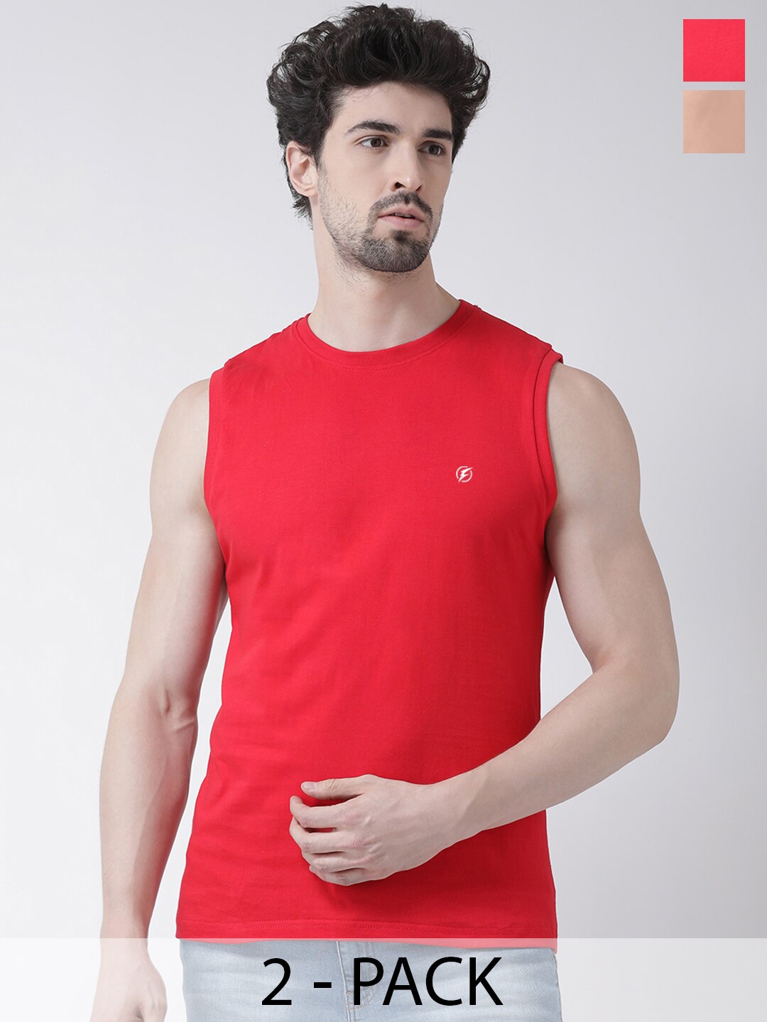 

Friskers Pack Of 2 Round Neck Sleeveless Pure Cotton Slim Fit T-shirt, Red