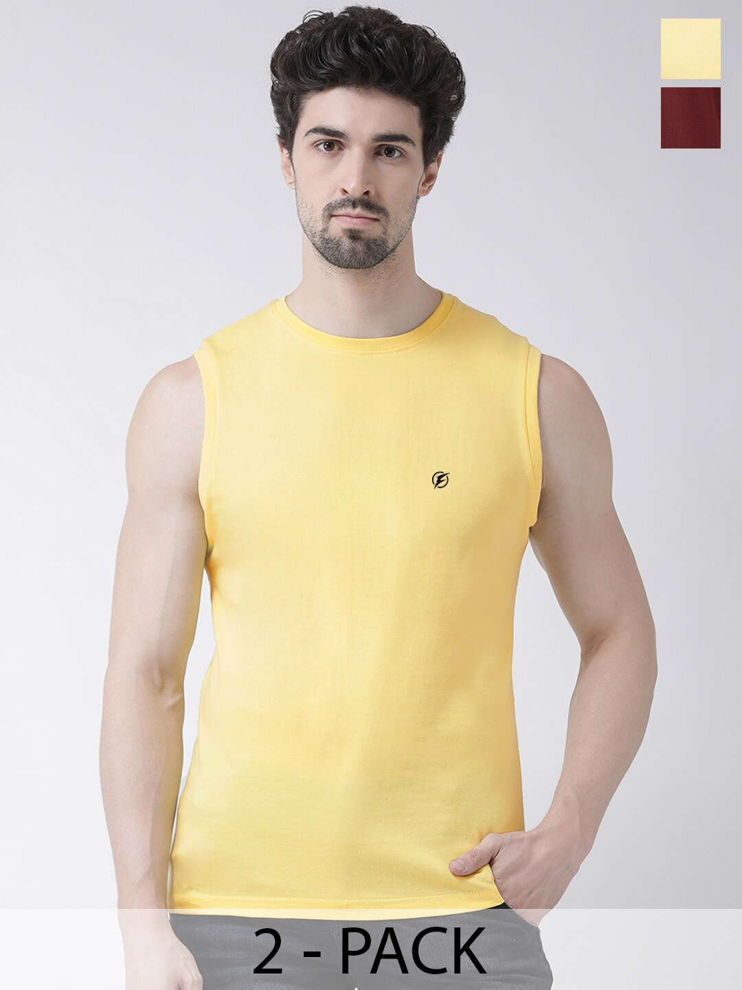 

Friskers Pack Of 2 Round Neck Sleeveless Pure Cotton Slim Fit T-shirt, Yellow