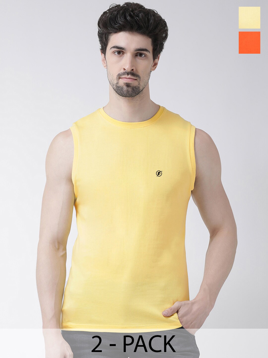 

Friskers Pack Of 2 Round Neck Sleeveless Pure Cotton Slim Fit T-shirt, Yellow