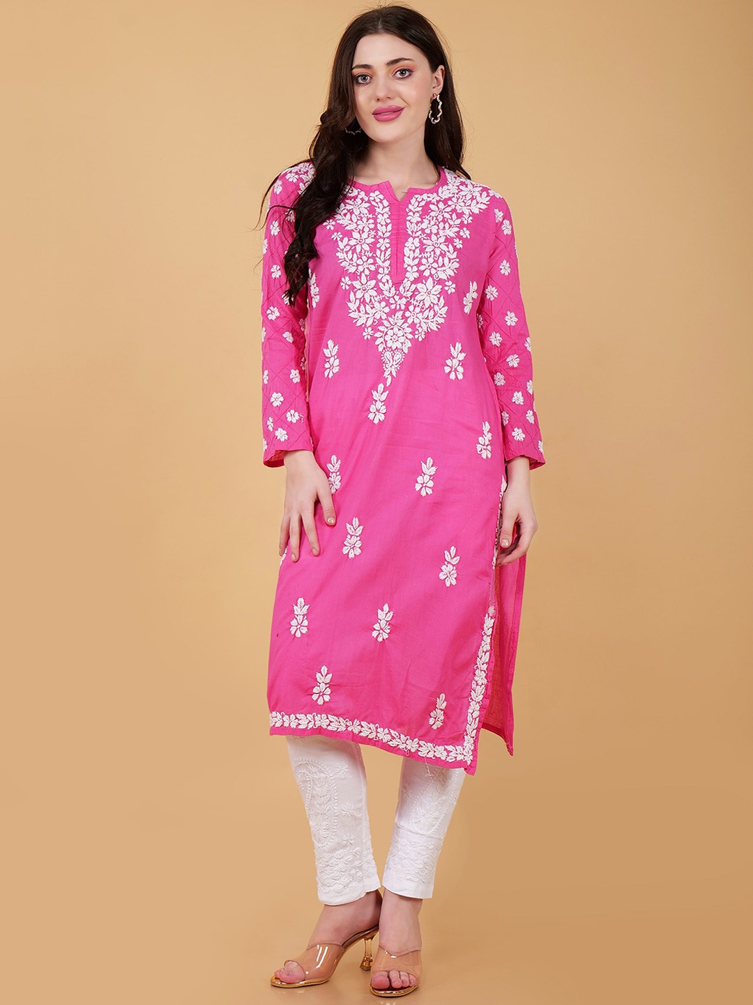 

Syrish Ethnic Motifs Printed Chikankari Thread Work Cotton Straight Kurta, Pink