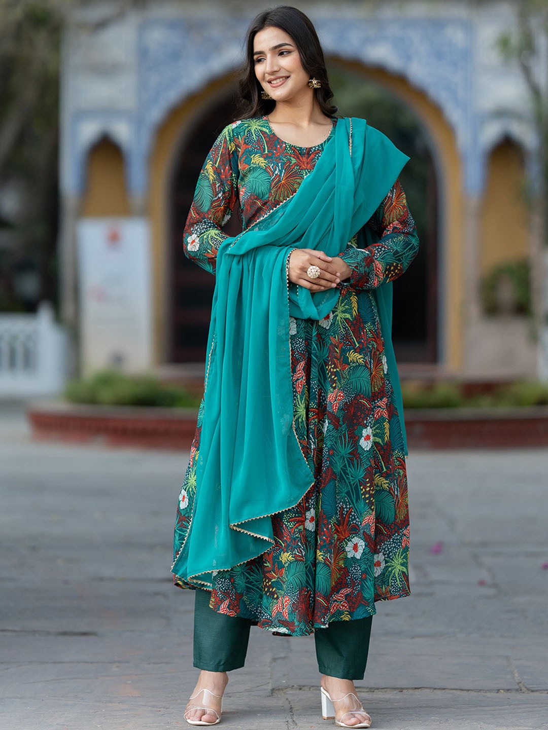 

KALINI Floral Printed Anarkali Gotta Patti Kurta Set & With Dupatta, Green