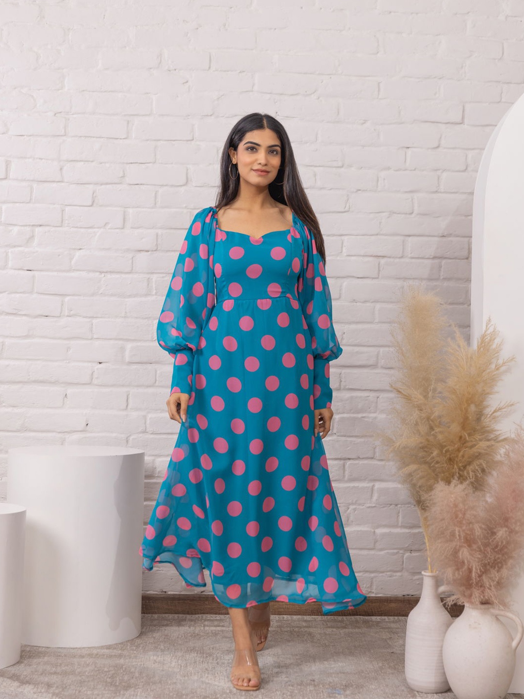

Polago Clothing Polka Dot Printed Georgette Midi Dress, Blue