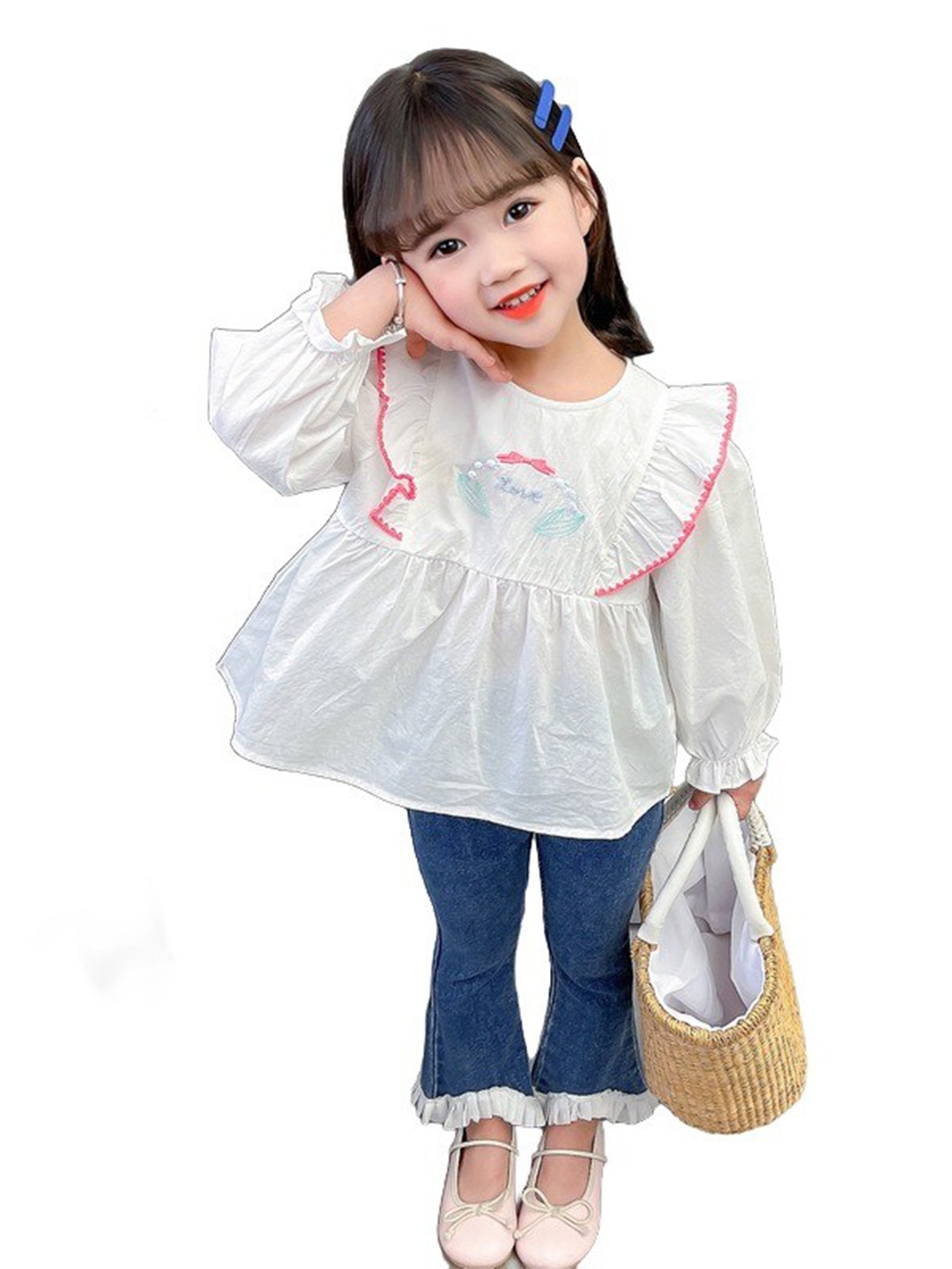 

StyleCast x Revolte Girls Floral Embroidered Long Sleeves Ruffles Peplum Top, White