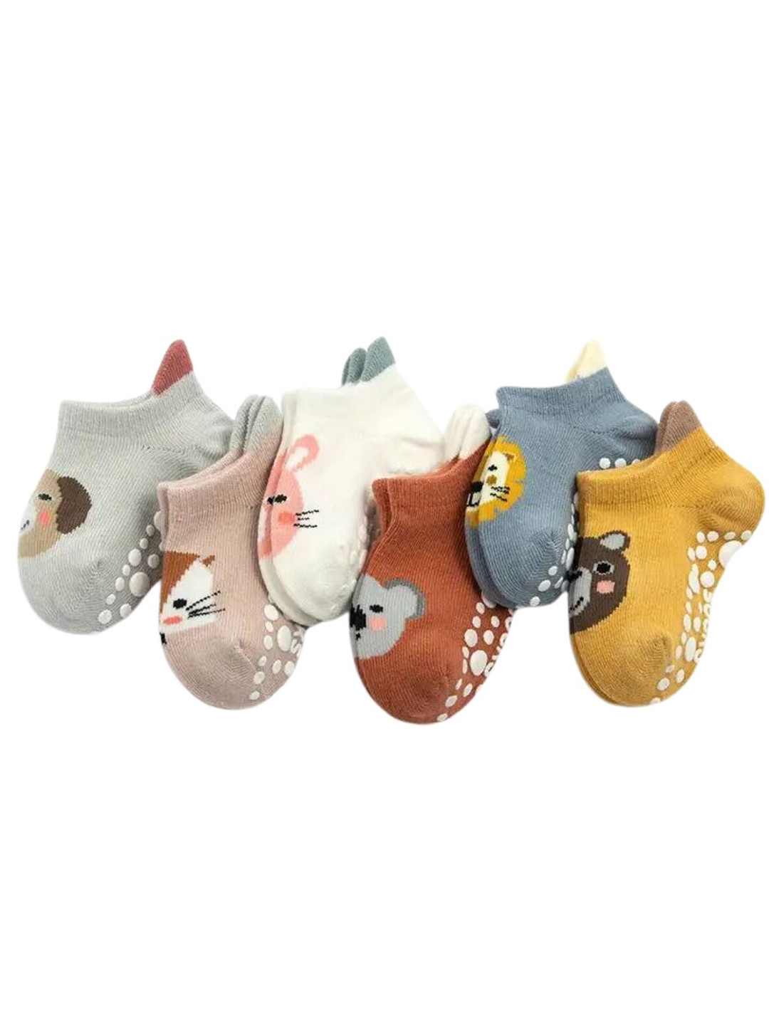 

YOUSTYLO Infants Pack Of 6 Patterned Anti-Skid Ankle-Length Socks, Grey