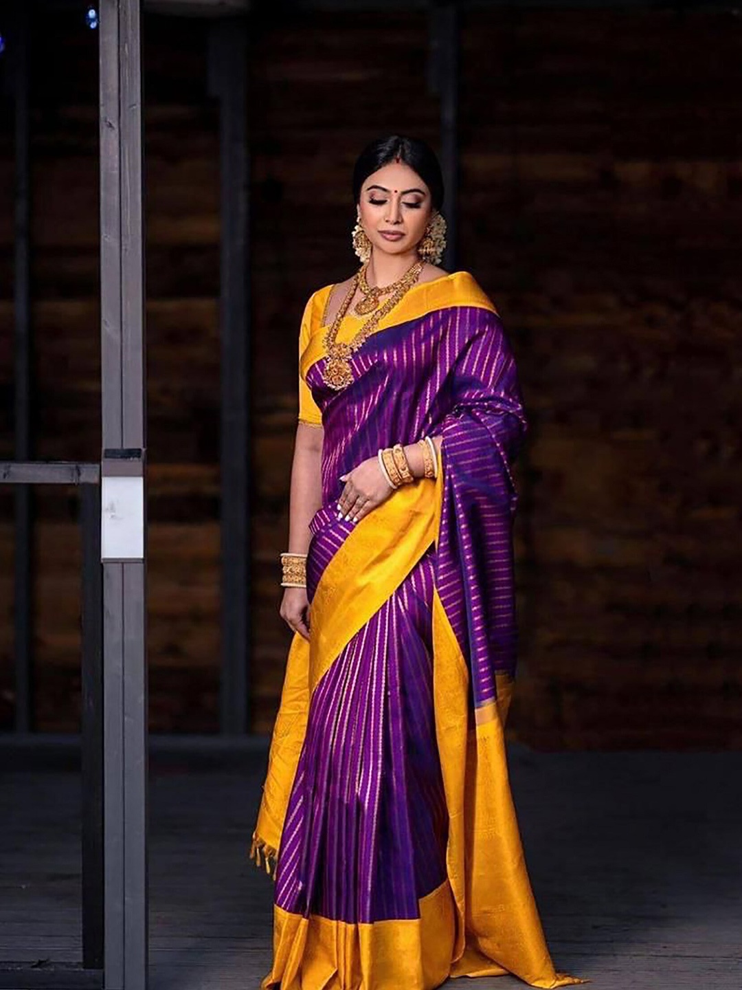 

BerMondsey Striped Woven Design Zari Banarasi Saree, Purple