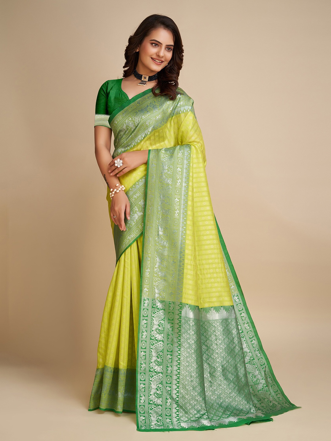 

BerMondsey Striped Woven Design Zari Banarasi Saree, Yellow