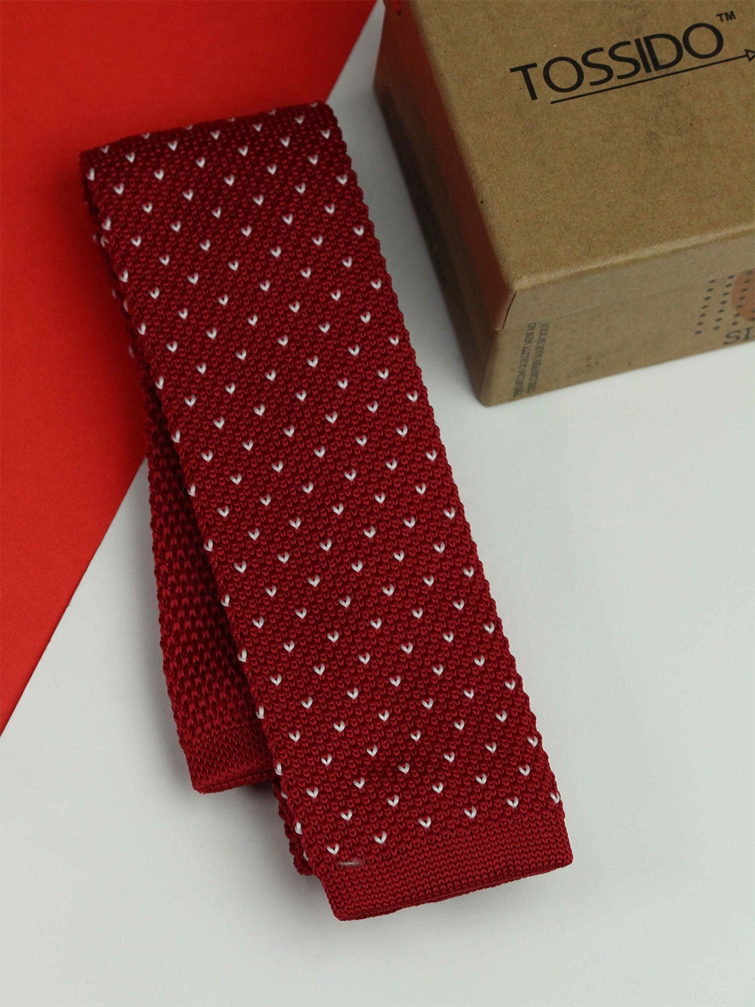 

Tossido Men Woven Design Skinny Tie, Red