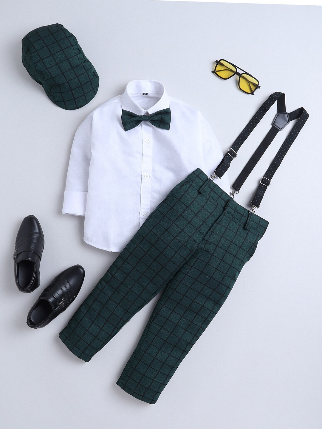 

BAESD Boys Checked Clothing Set With Bow & Suspender Belt, Green