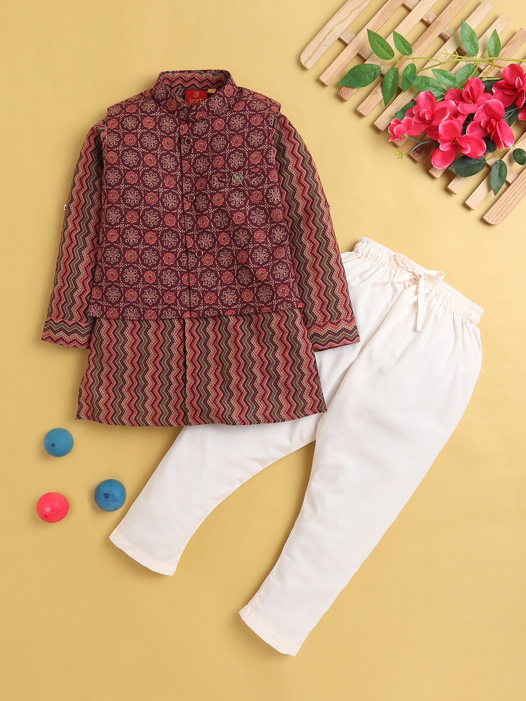 

BAESD Boys Ethnic Motif Printed Kurta Set, Burgundy