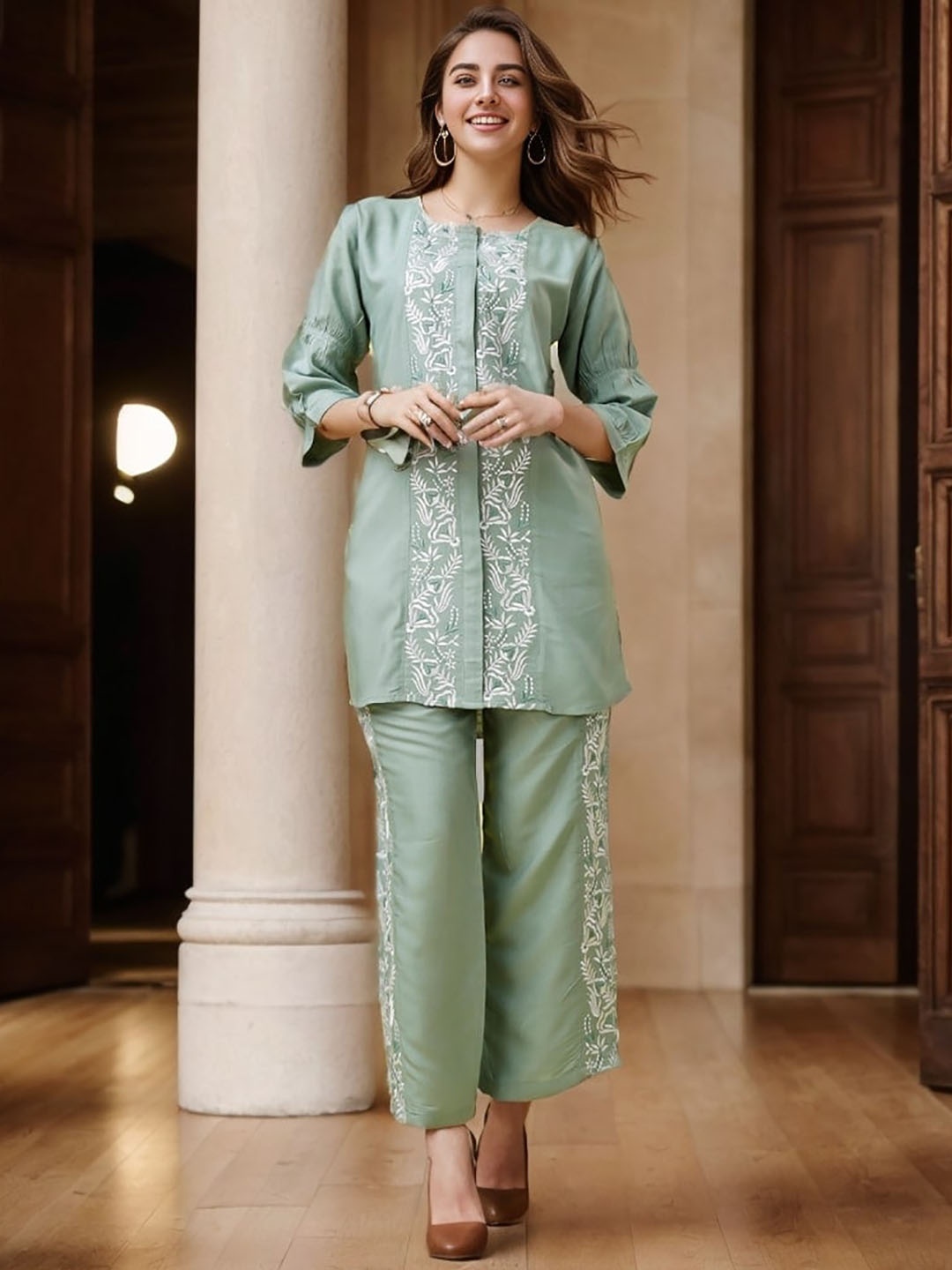 

KALINI Floral Embroidered Three Quarter Sleeve Top And Trouser, Green