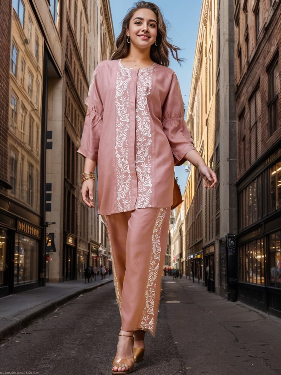 

KALINI Floral Embroidered Three Quarter Sleeve Top And Trouser, Rust
