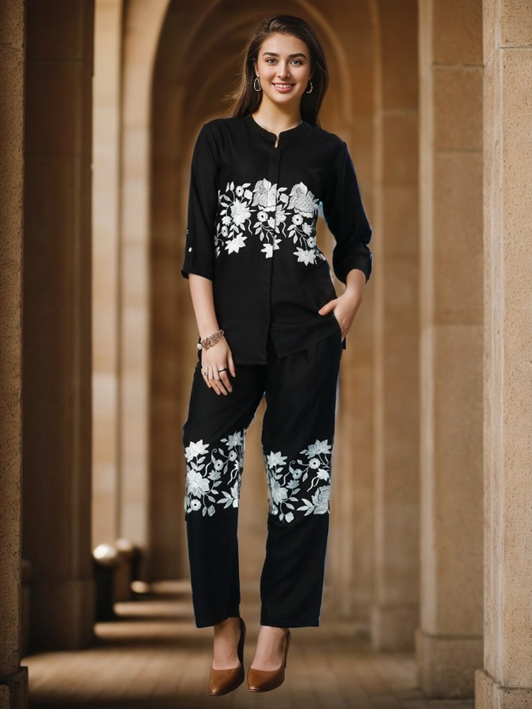 

KALINI Embroidered Mandarin Collar Top With Trousers, Black