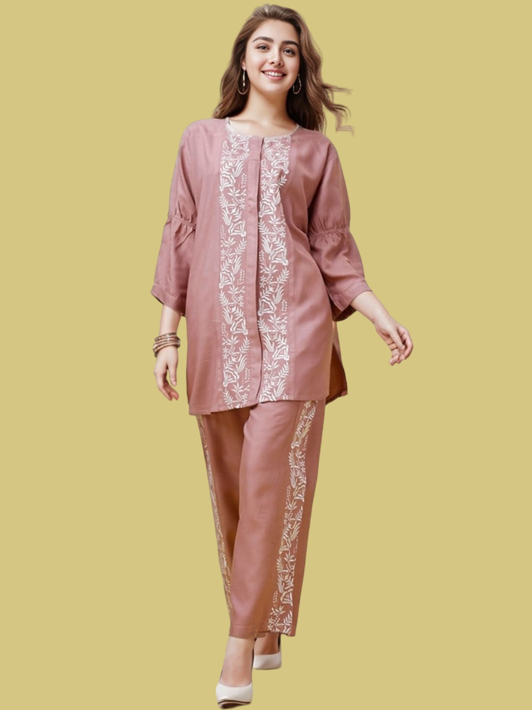 

KALINI Floral Embroidered Three Quarter Sleeve Top And Trouser, Rust