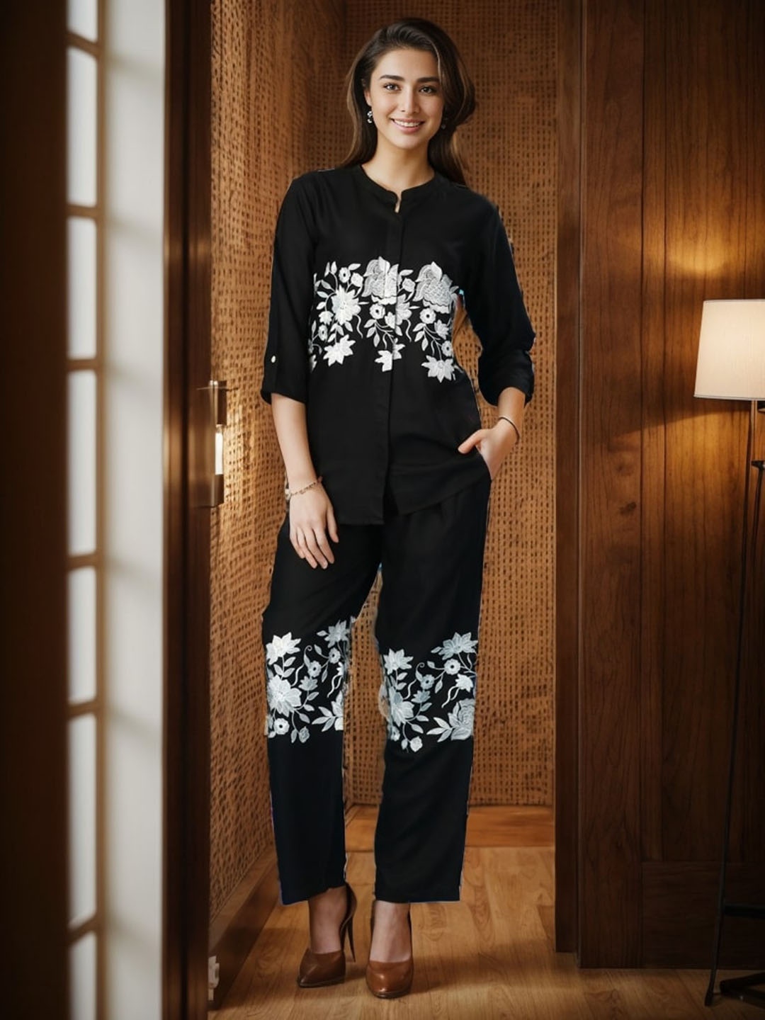 

KALINI Embroidered Mandarin Collar Relaxed Fit Shirt & Trouser, Black