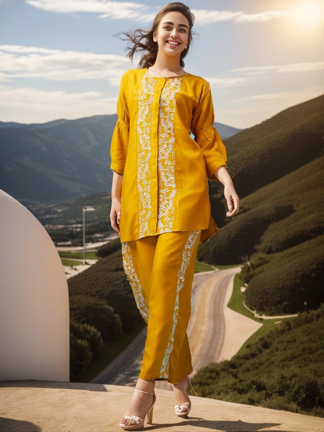 

KALINI Floral Embroidered Three Quarter Sleeve Top And Trouser, Yellow