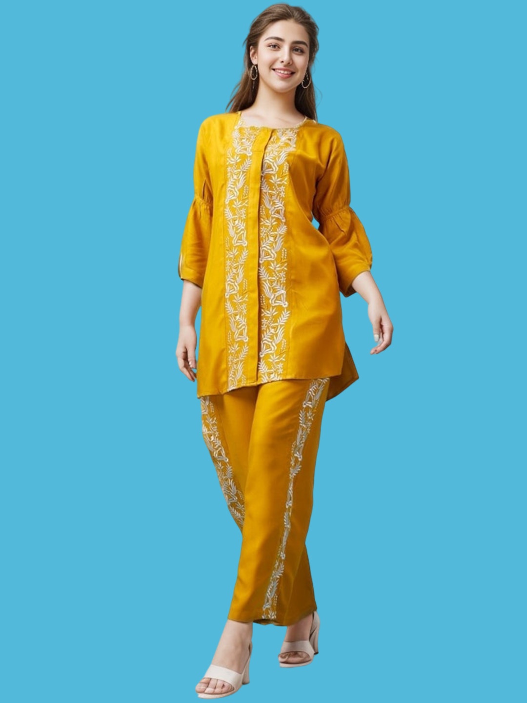 

KALINI Floral Embroidered Three Quarter Sleeve Top And Trouser, Yellow