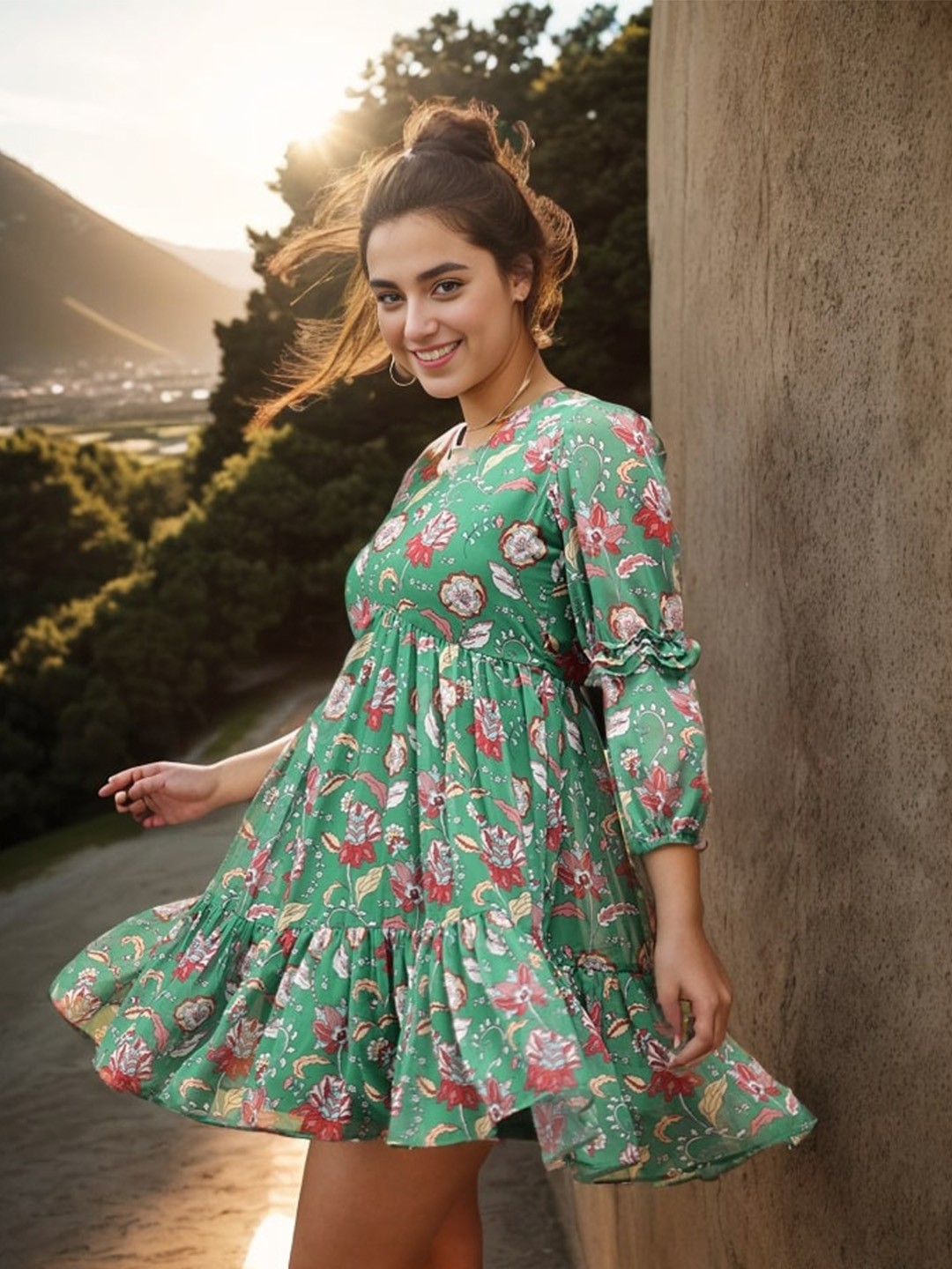 

KALINI Floral Printed V-Neck Puff Sleeve Crepe Fit & Flare Dress, Green