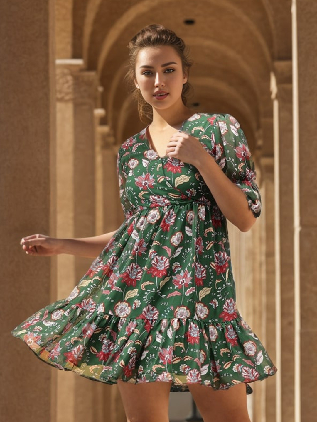 

KALINI Floral Printed V-Neck Short Sleeves Mini Crepe Fit & Flare Dress, Green