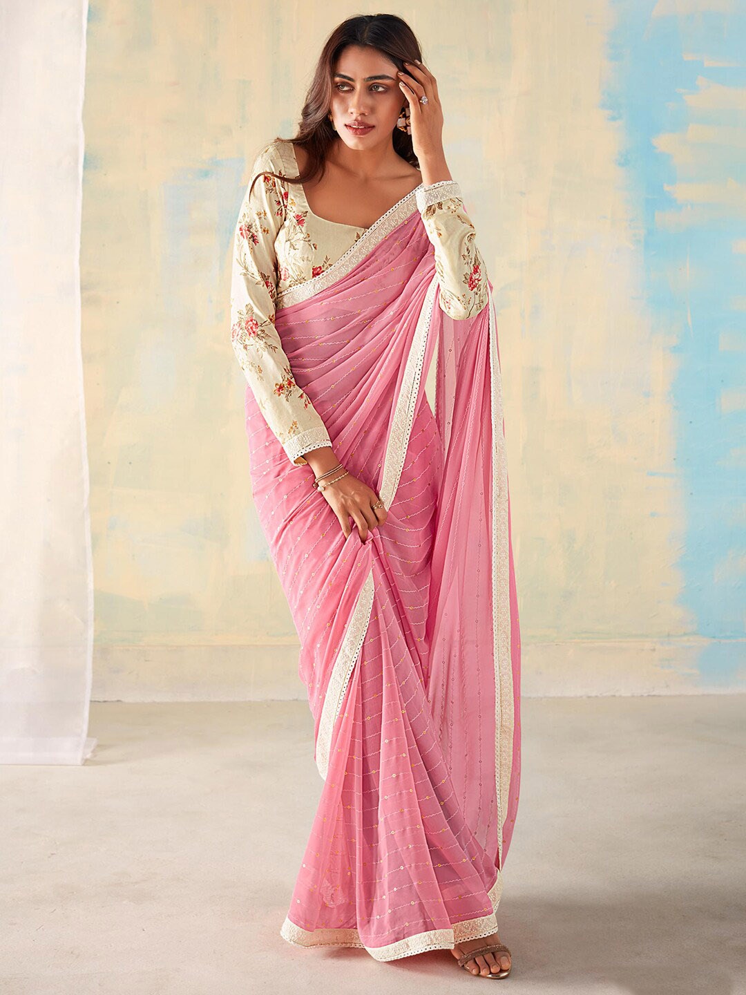

Mitera Embellished Sequinned Pure Georgette Saree, Pink