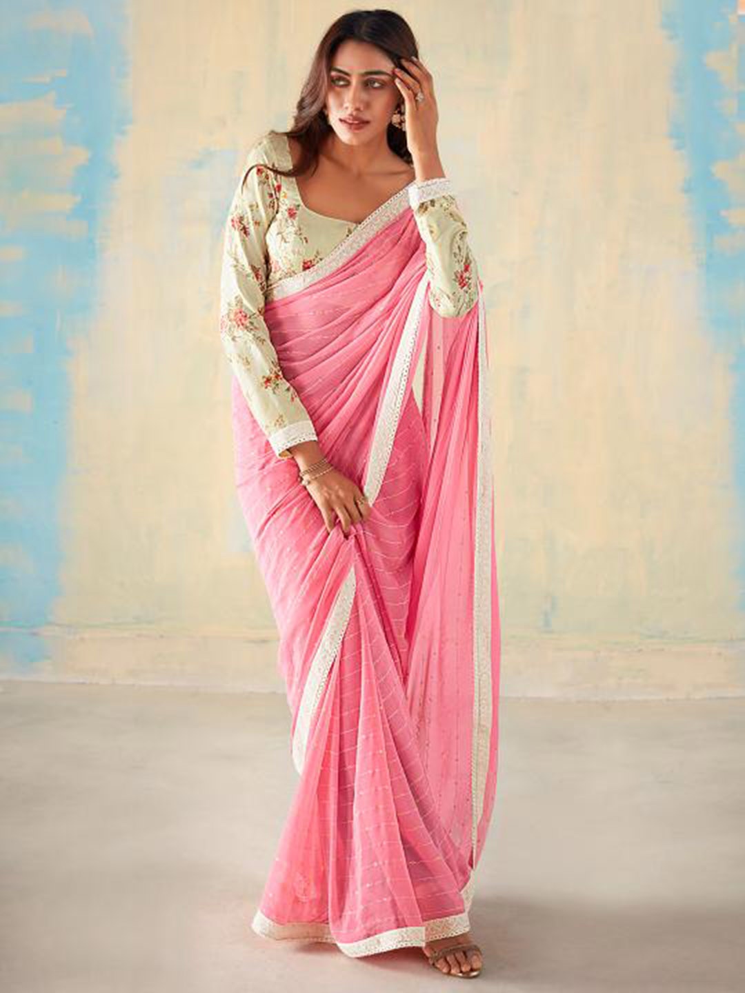 

Mitera Pink Embellished Sequinned Pure Georgette Saree