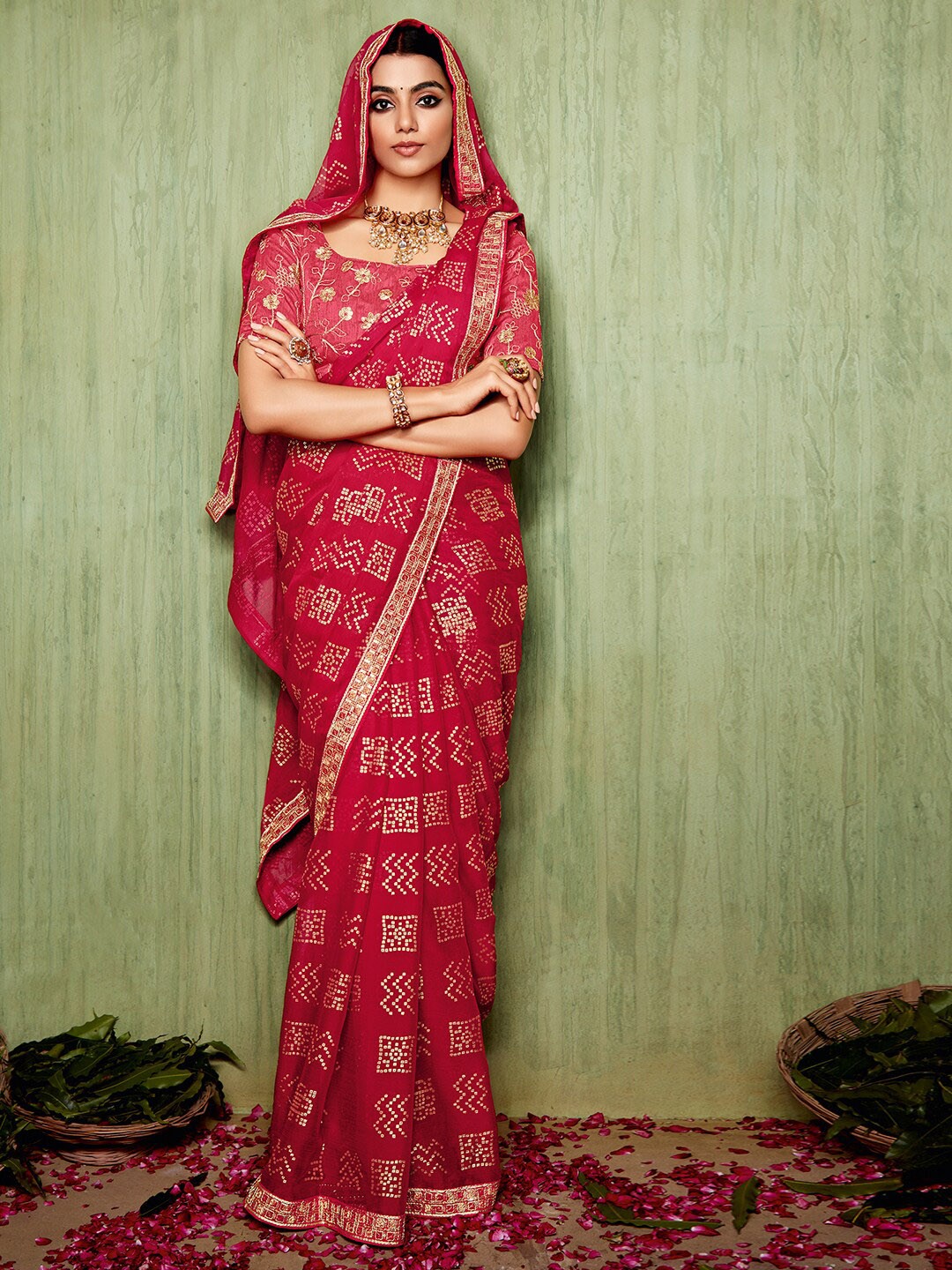 

Mitera Red Bandhani Printed Sequinned Pure Chiffon Saree