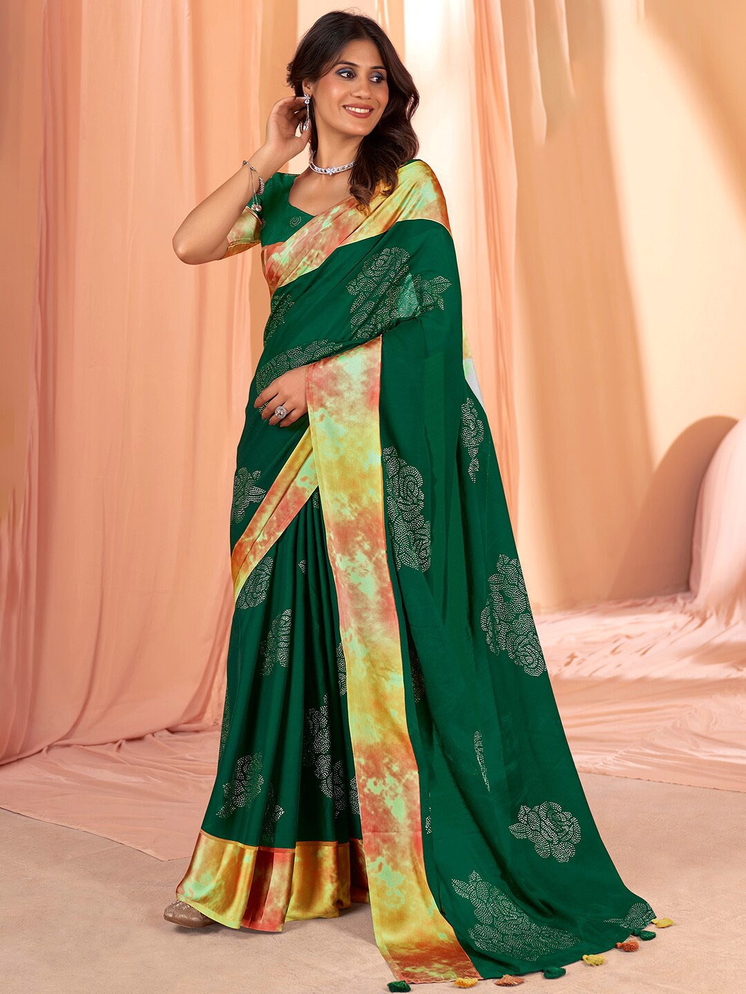 

Mitera Green Floral Embellished Beads and Stones Saree