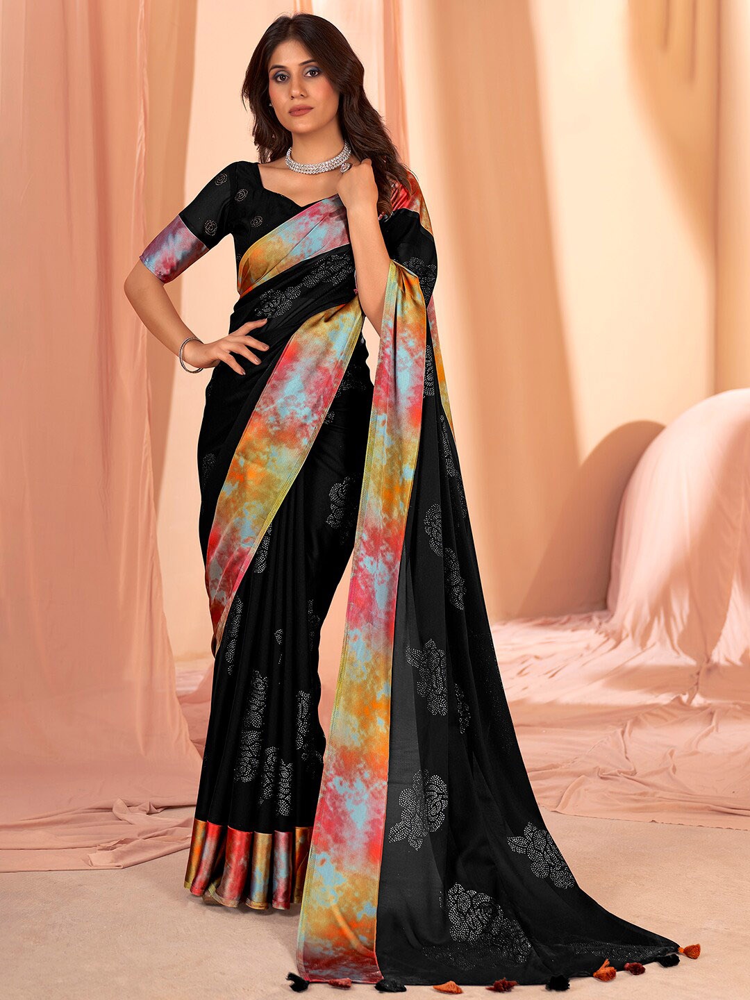

Mitera Black Floral Embellished Beads and Stones Saree
