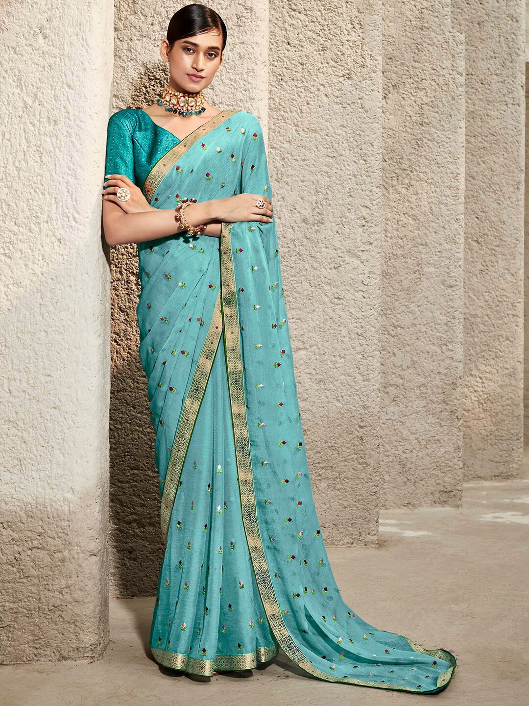 

Mitera Floral Zari Pure Chiffon Saree, Turquoise blue