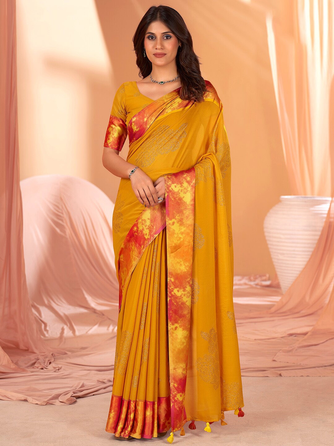 

Mitera Yellow Floral Embellished Beads and Stones Saree
