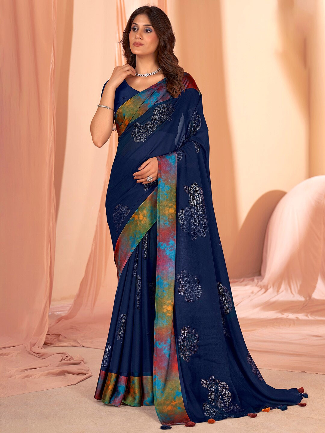 

Mitera Embellished Beads and Stones Saree, Navy blue