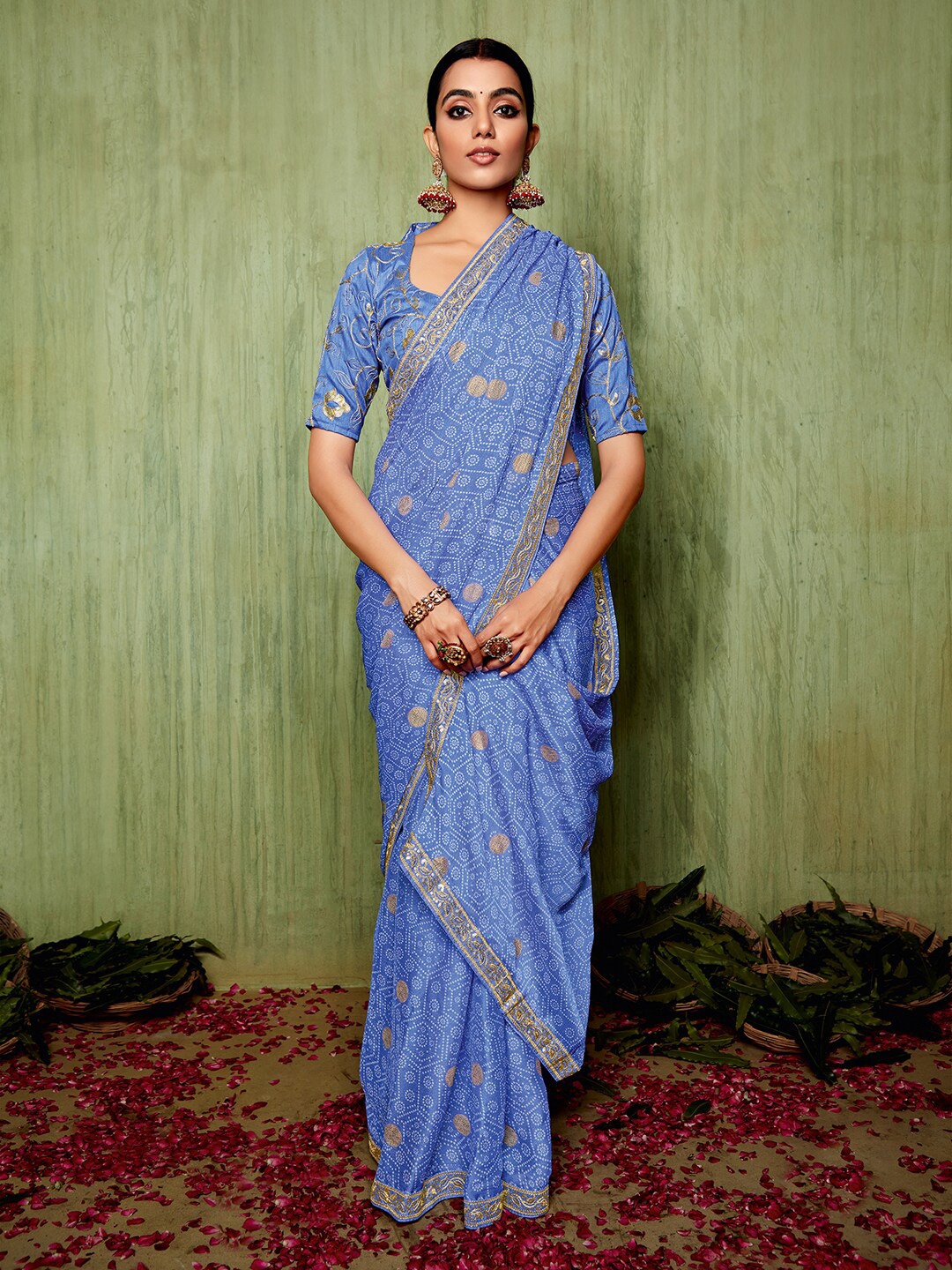 

Mitera Blue Bandhani Printed Pure Chiffon Saree