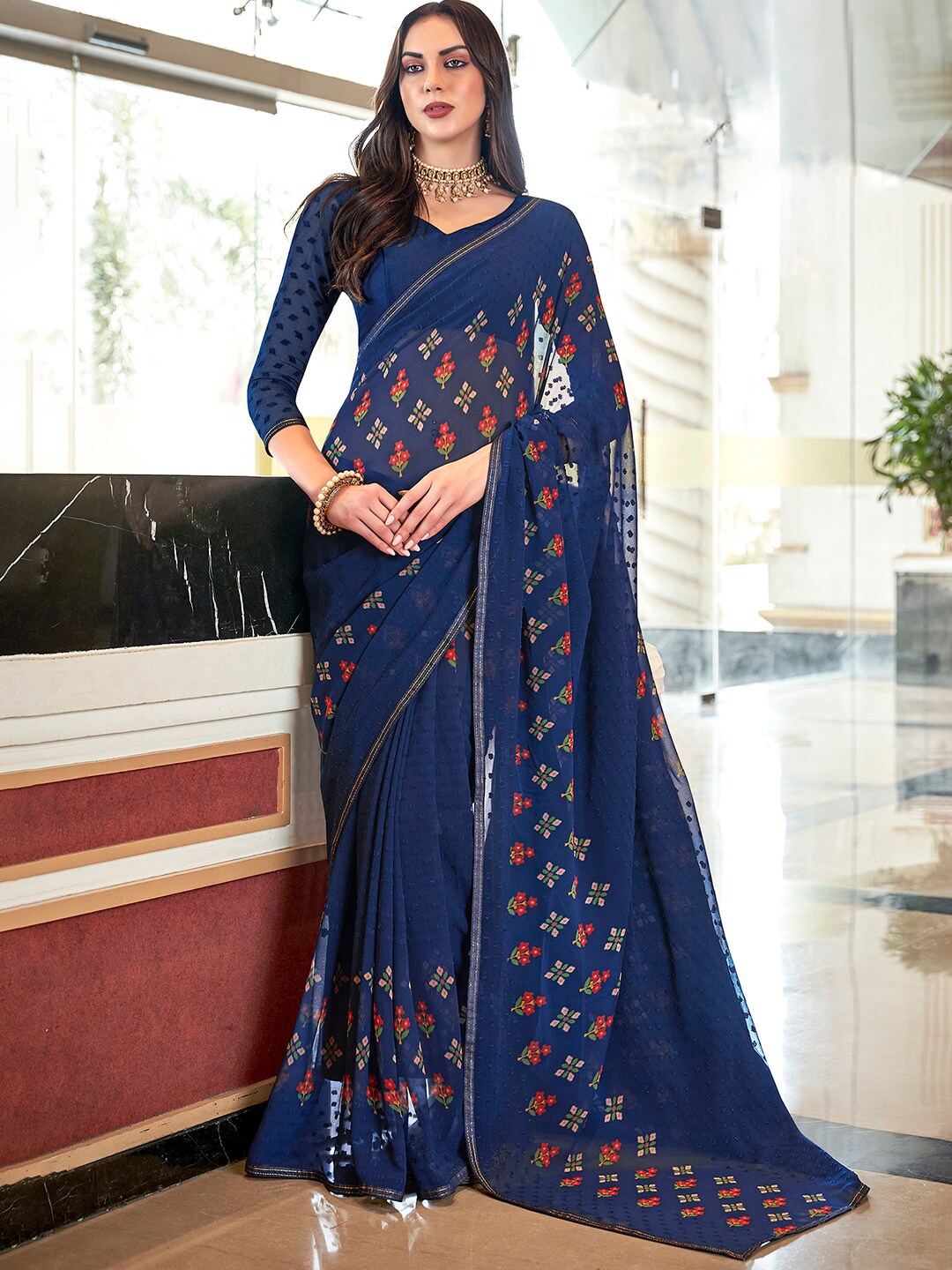 

Mitera Floral Printed Pure Georgette Saree, Navy blue