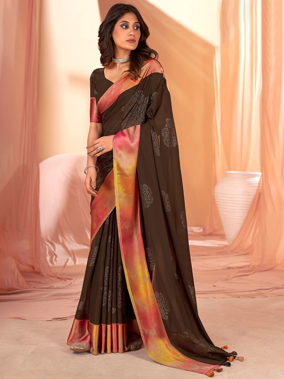 

Mitera Brown Floral Embellished Beads and Stones Saree