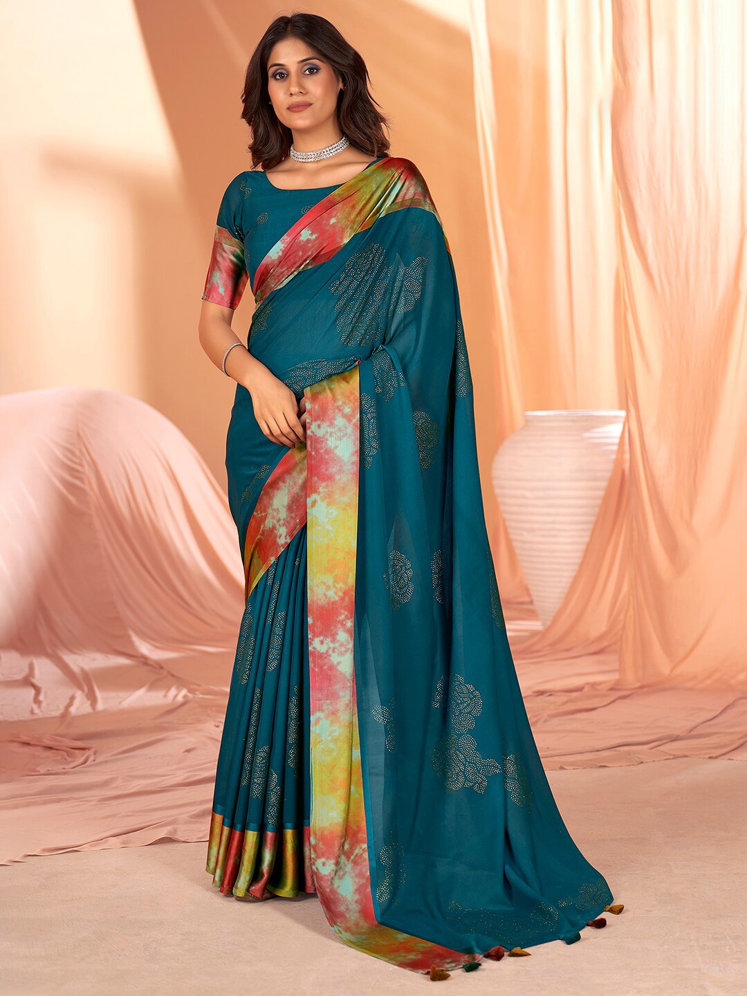 

Mitera Teal Green Floral Embellished Beads and Stones Saree